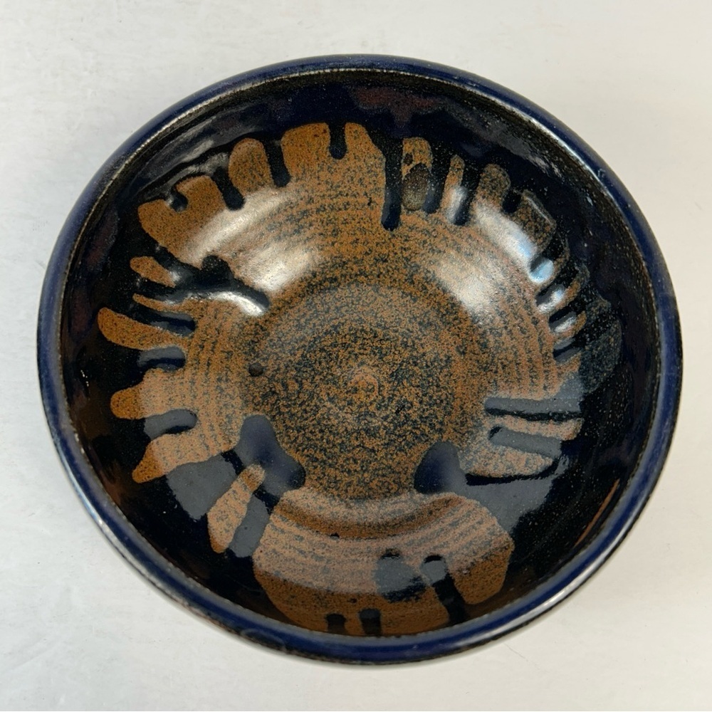 Handmade Studio Pottery Bowl - Midnight Blue & Earthy Drip Glaze Ceramic 7"